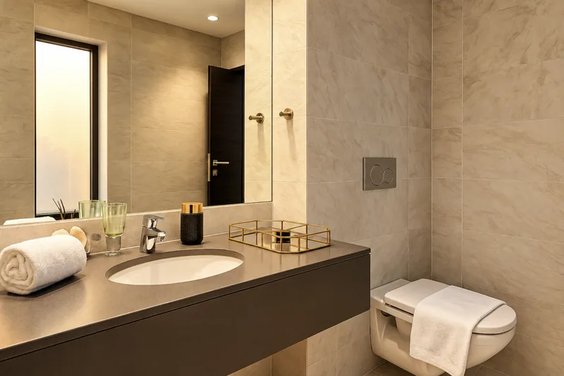 Dunia bathroom with grey stone vanity, large mirror, wall-hung WC and rolled towels