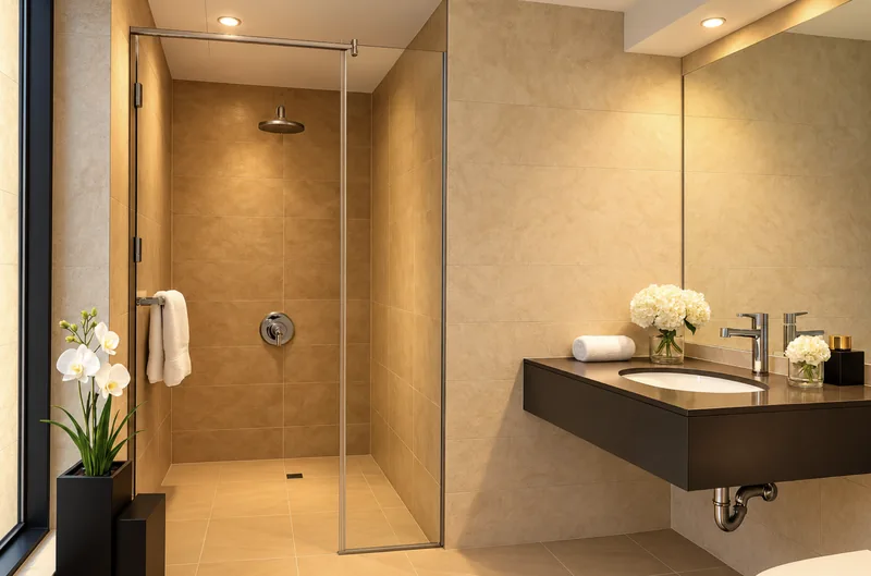 Dunia bathroom with glass walk-in rain shower, floating dark vanity and white orchids