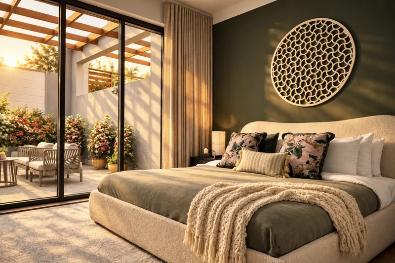 Dunia bedroom with dark green wall, carved round wall panel, boucle bed and glass doors to a flower-filled courtyard