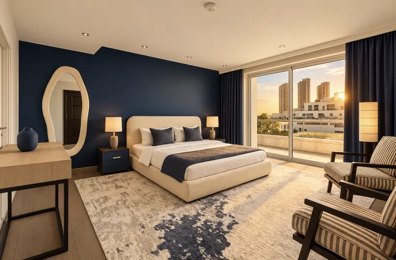 Dunia bedroom with navy feature wall, cream upholstered bed, wavy mirror, striped armchairs and sliding doors to a balcony