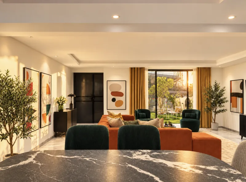 View from the Dunia marble dining table across the living room to the garden terrace