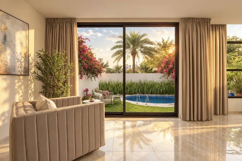 Horizon living room with grey sofa and sliding glass doors opening to the garden and pool