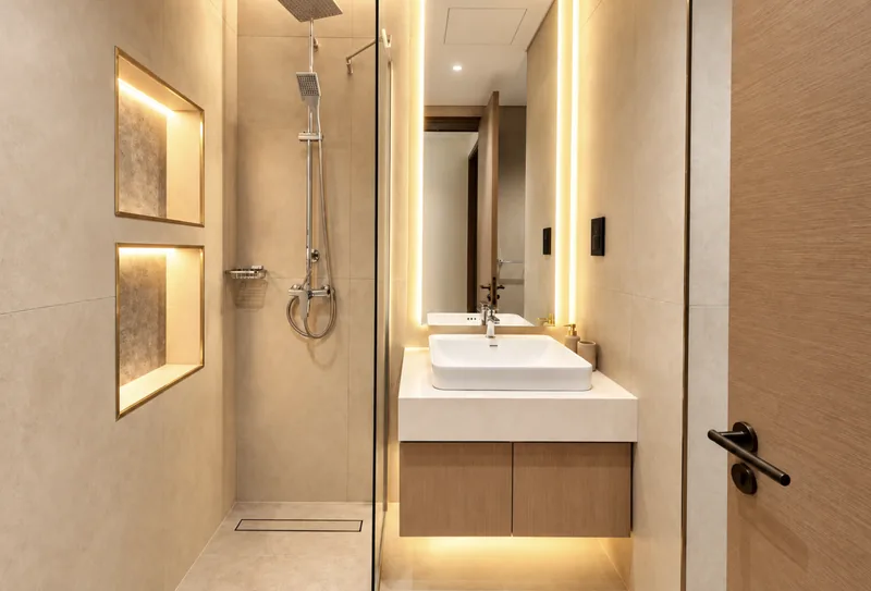 ParkView bathroom with walk-in rain shower, lit wall niches and floating oak vanity