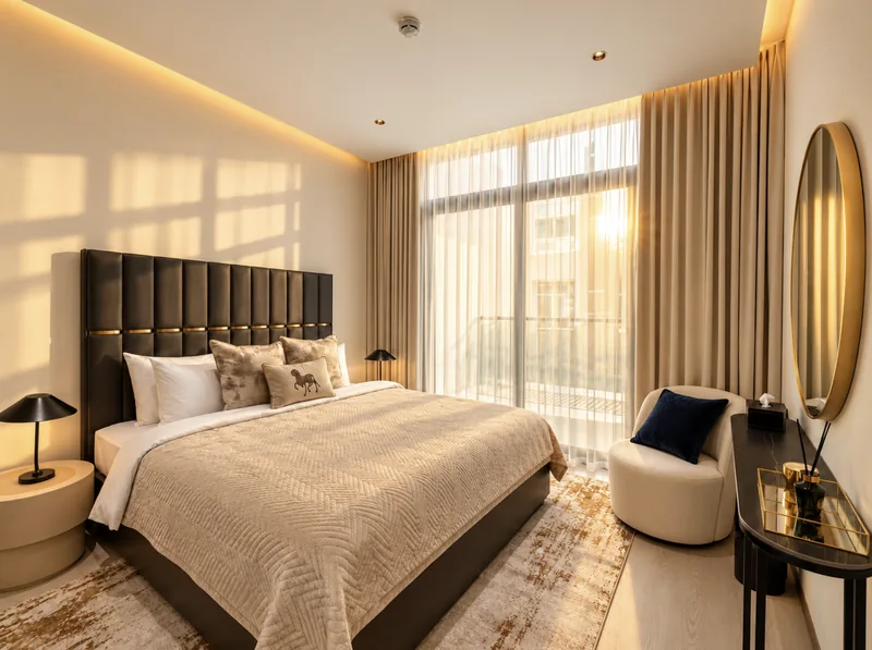 ParkView bedroom with tall black channel-tufted headboard, round brass mirror, vanity and cream armchair