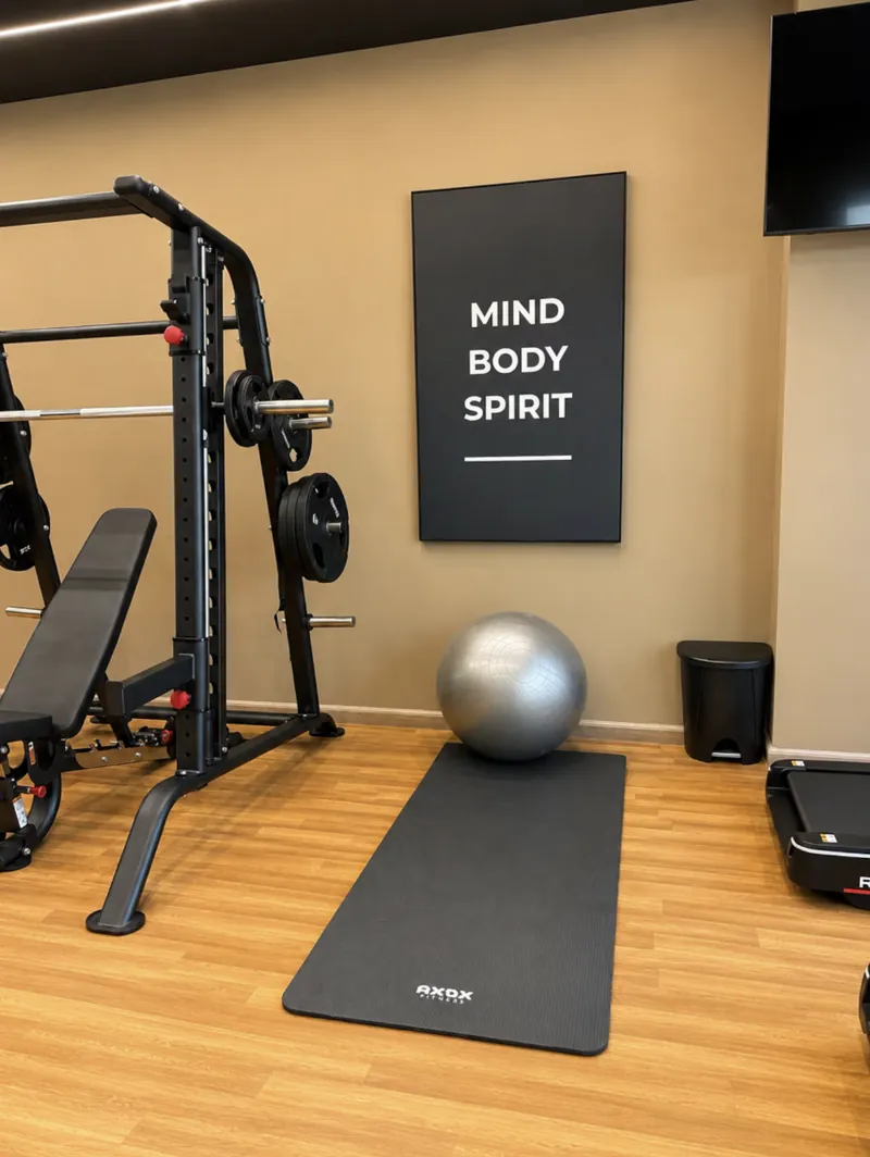 ParkView community gym with squat rack, exercise ball and yoga mat