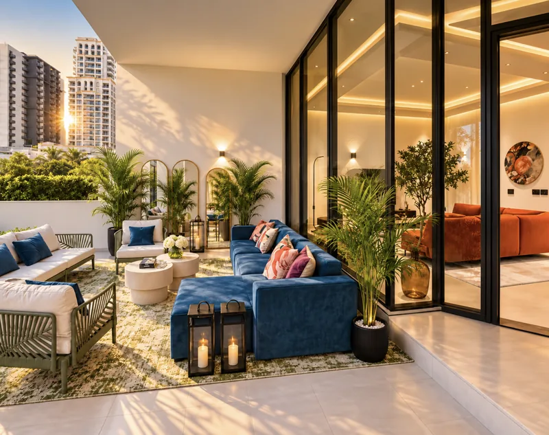 ParkView covered terrace with blue velvet sectional, lanterns, palms and arched mirrors beside the glass living room