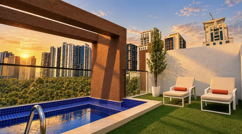 ParkView rooftop terrace with blue-tiled plunge pool, brown frame feature, sun loungers and park and skyline views