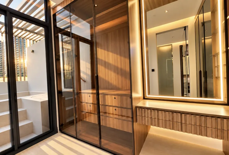 ParkView dressing area with glass-fronted oak wardrobes, backlit mirror and vanity bench
