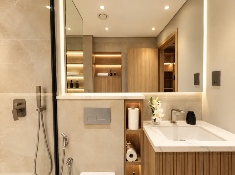 Pearl bathroom with marble vanity, LED-edged mirror, wall-hung WC and light stone tiling