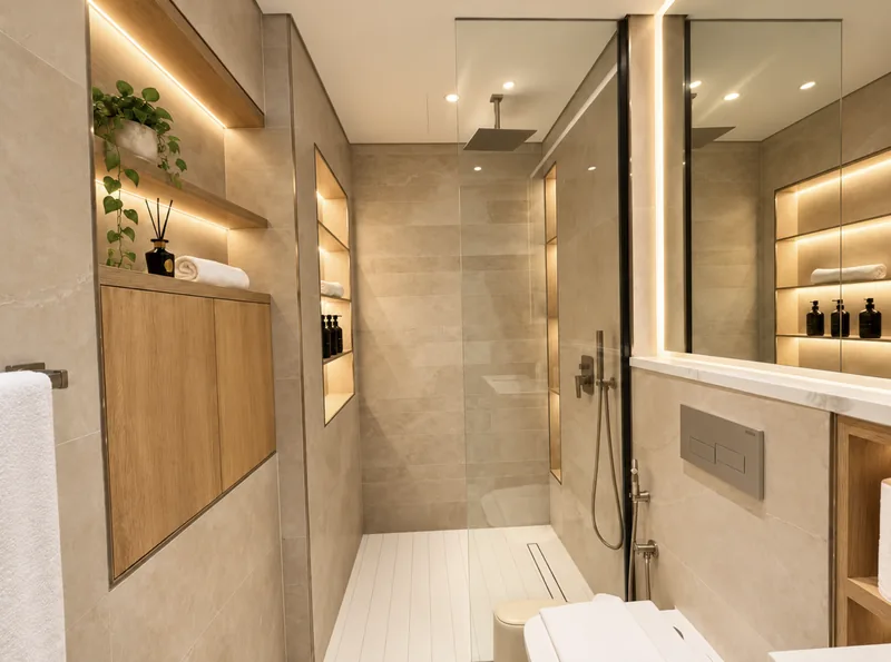 Pearl bathroom shower with glass screen, lit wood cabinet shelves and toiletry niche