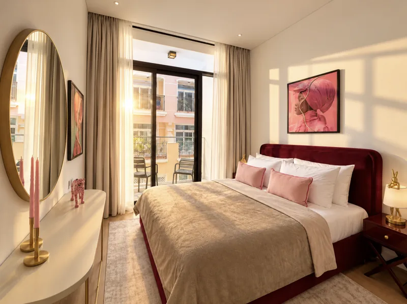 Pearl bedroom with burgundy headboard, pink accents and glass doors to a balcony with lounge chairs