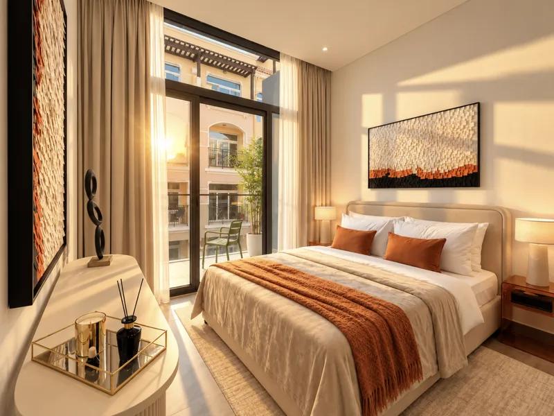 Pearl bedroom with beige headboard, burnt-orange throw and balcony overlooking neighbouring villas