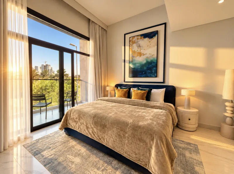 Yasmin bedroom with balcony and city view