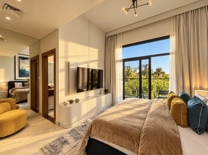 Yasmin bedroom with TV, yellow armchair and balcony with a green view