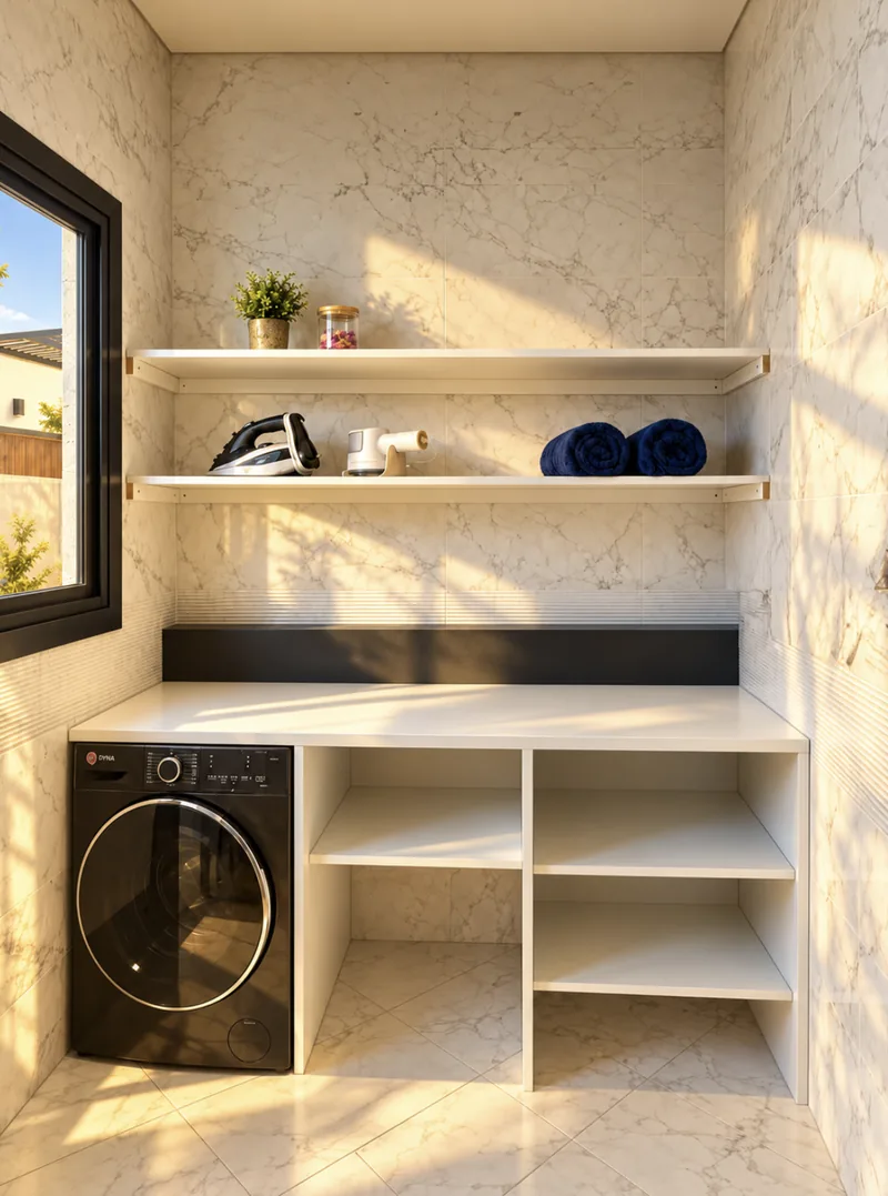 Yasmin laundry area with washing machine and open shelving