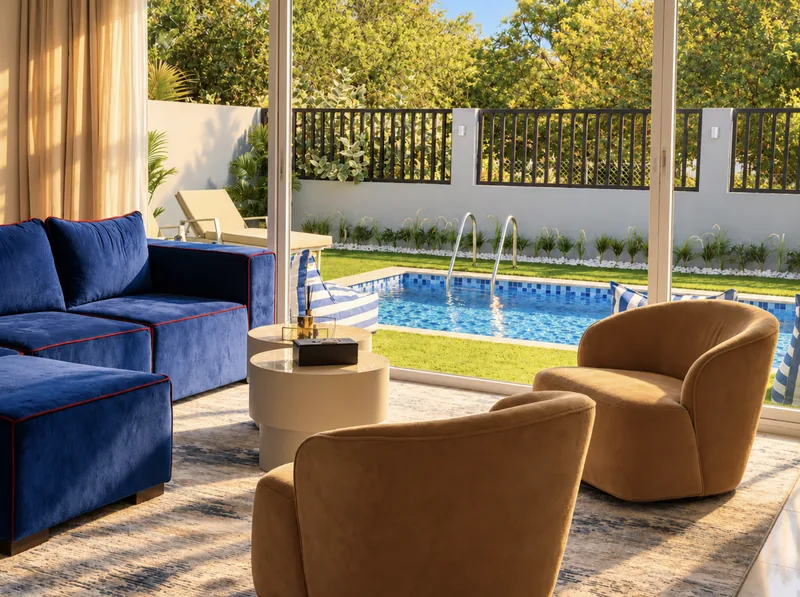 Yasmin living room with blue sofa and tan armchairs, glass doors open onto the pool